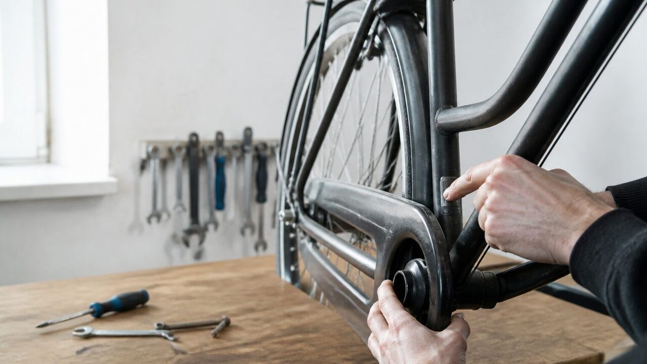 Main posée sur le cadre d'un vélo d'occasion pendant un contrôle en atelier