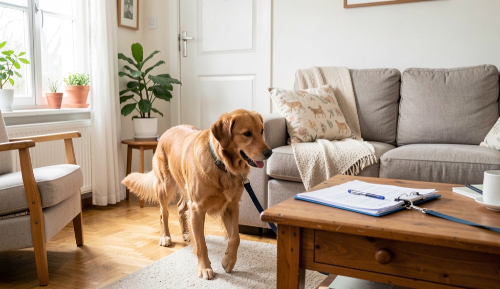 Chien roux entrant pour la première fois dans un salon lumineux, laisse et dossier d'adoption posés sur la table basse
