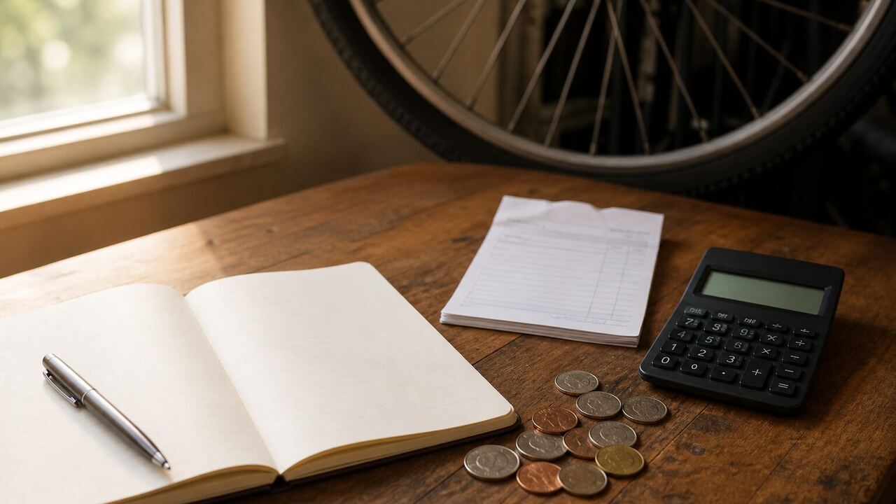 Carnet ouvert, calculatrice et pièces posés près d'une roue de vélo