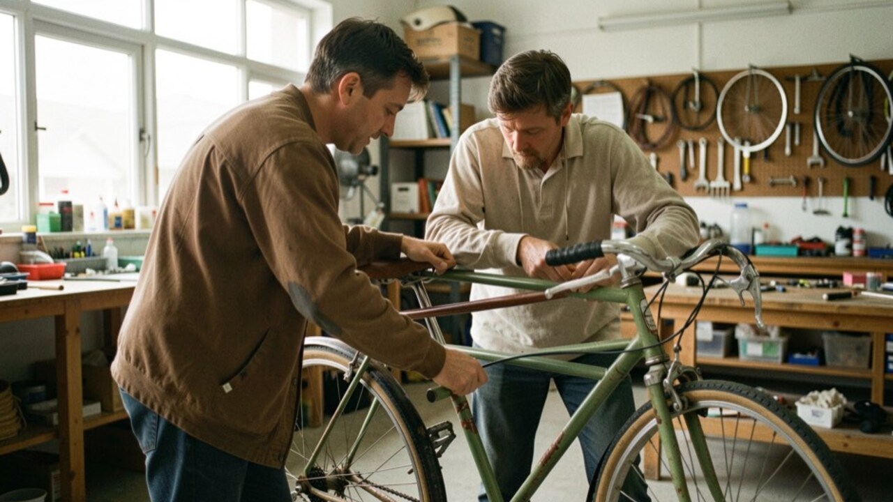 Deux personnes examinent le cadre et les roues d'un vélo d'occasion dans un atelier lumineux avant un achat