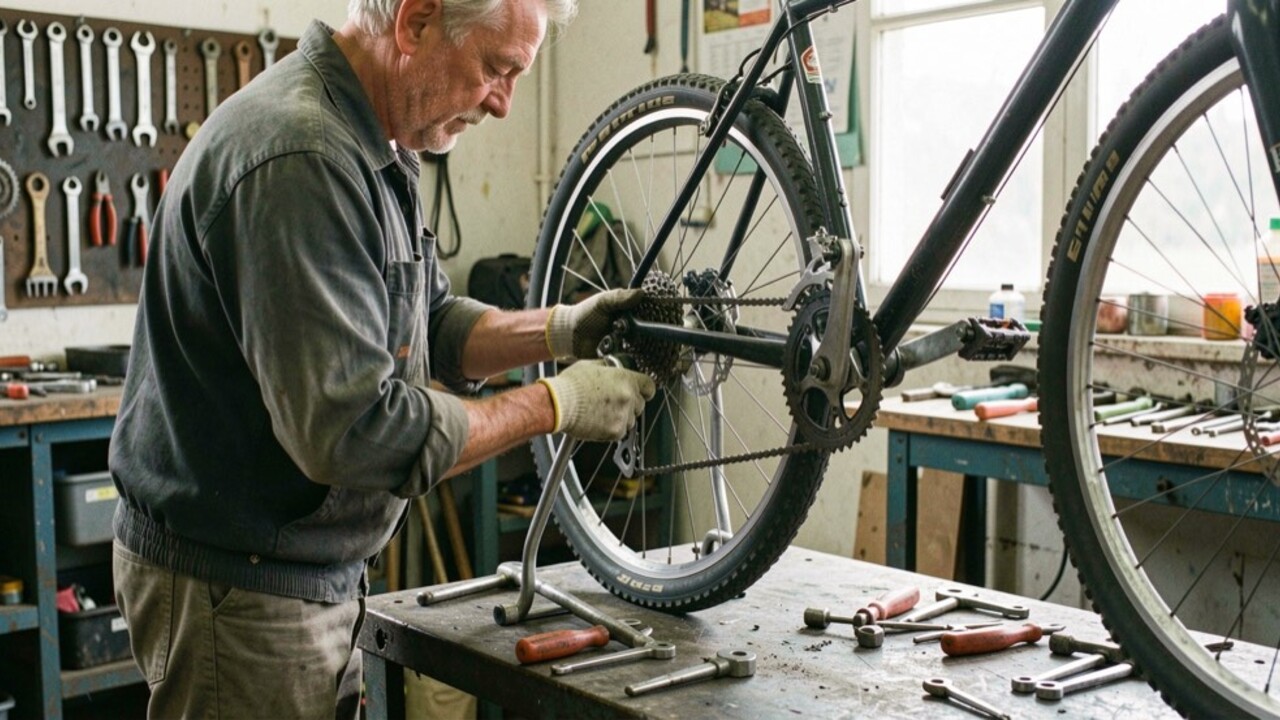 Mécanicien contrôle les freins et la transmission d'un vélo sur un pied d'atelier avec des outils rangés