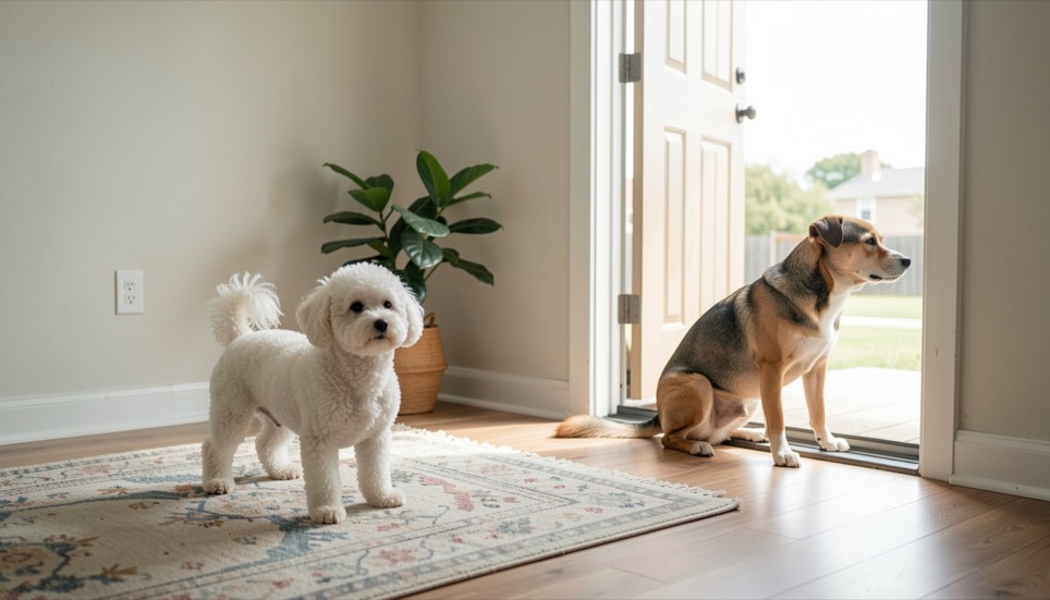 Deux chiens de gabarits différents dans un appartement lumineux, un petit chien blanc sur un tapis et un chien moyen près de la porte