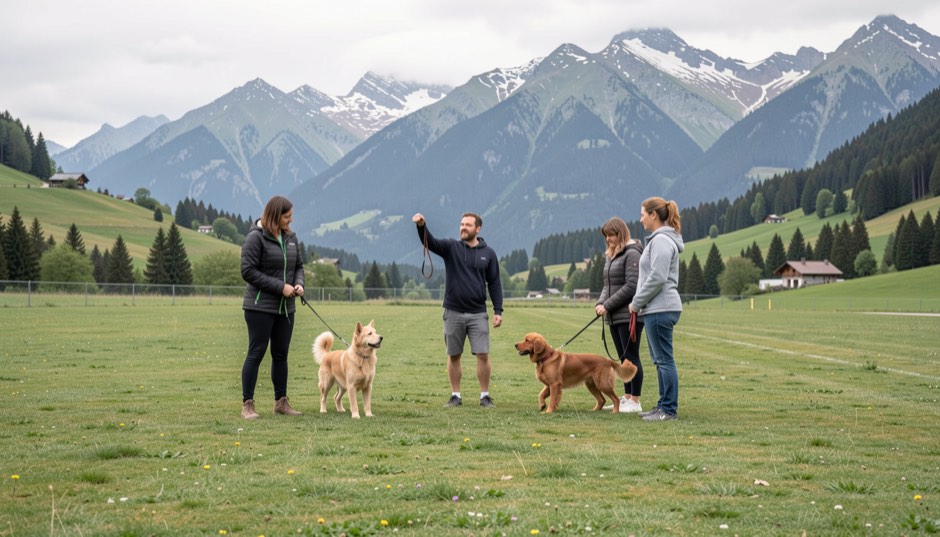 Éducateur canin montrant un exercice à trois propriétaires avec leurs chiens en laisse sur un pré au pied des montagnes