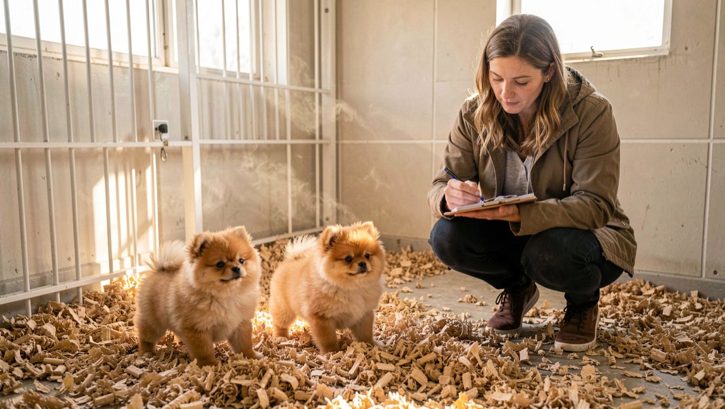 Éleveuse accroupie prenant des notes devant deux chiots Spitz Nain dans un enclos intérieur propre