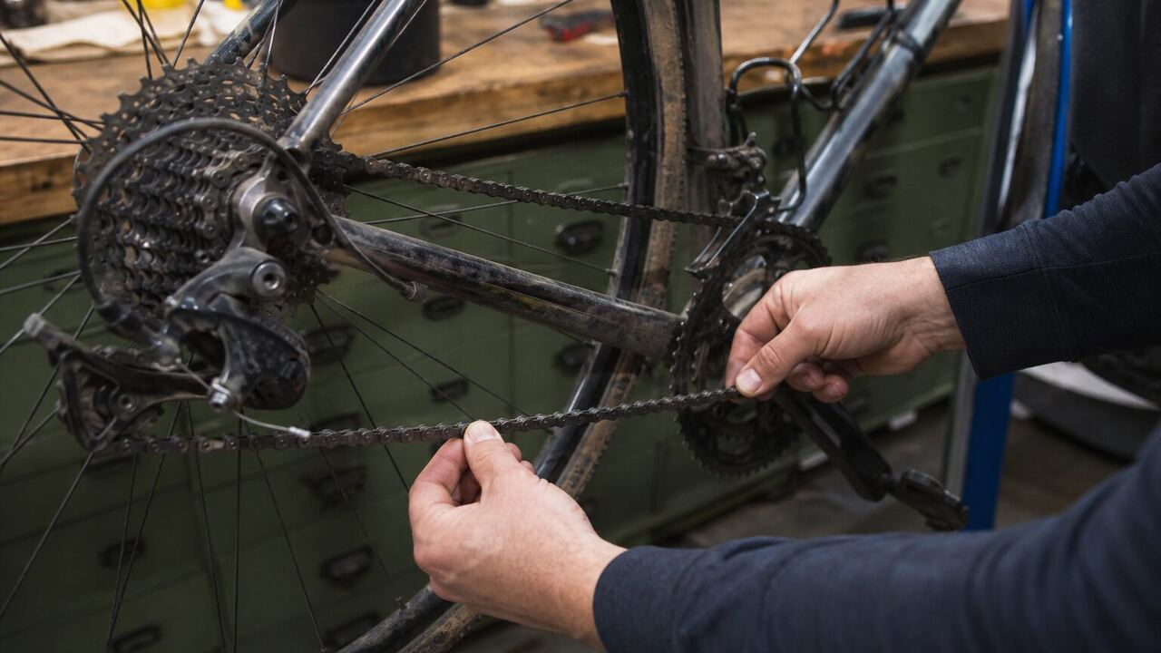 Chaîne et dérailleur d'un vélo d'occasion examinés sur un établi