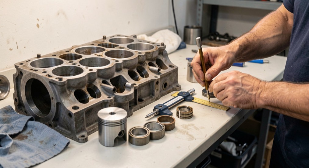 Bloc moteur démonté sur un banc d'atelier avec pistons, coussinets et micromètre pendant un contrôle