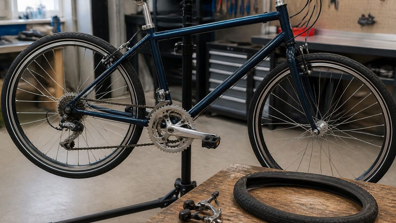 Vélo d'occasion monté sur pied avec une pièce usée sur l'établi
