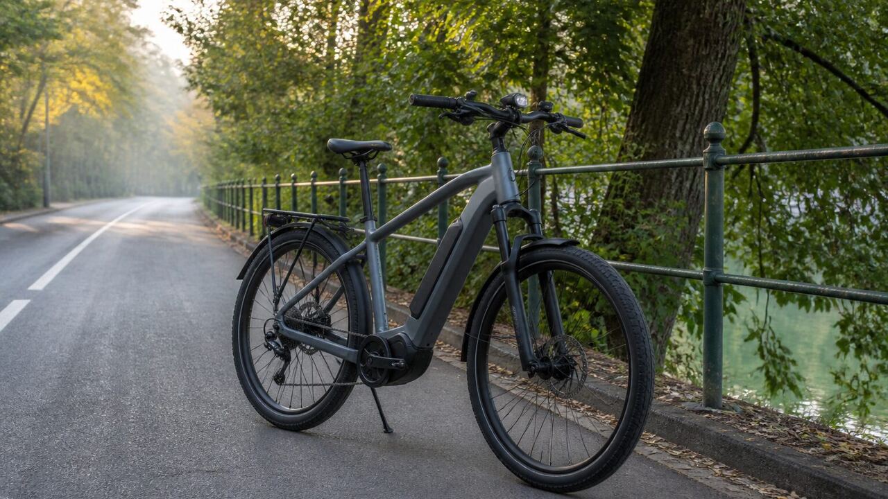 Vélo électrique stationné sur une voie cyclable bordée d'arbres